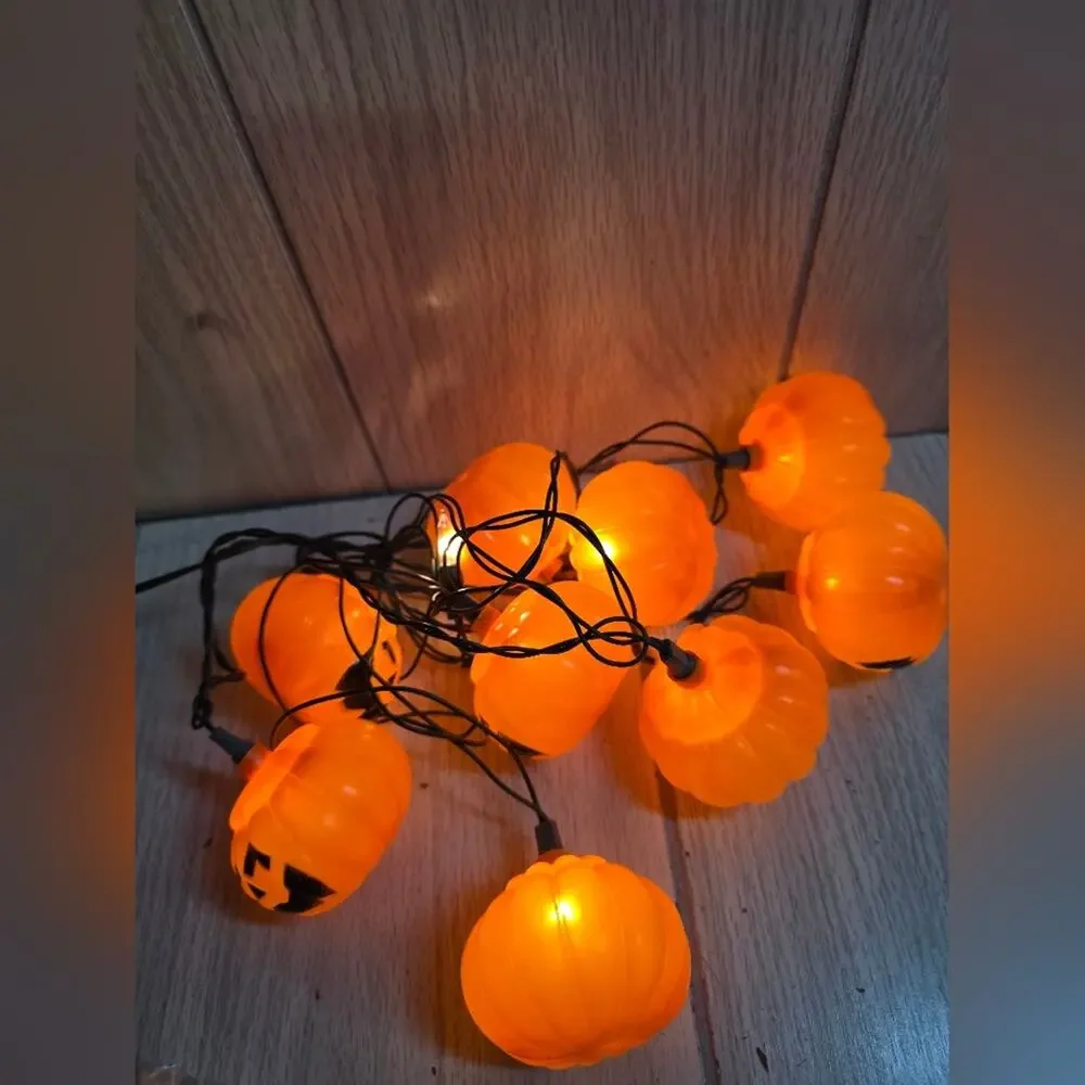 Vtg Jack-O-Lantern Blow Mold String Lights Halloween Pumpkins Set Of Two